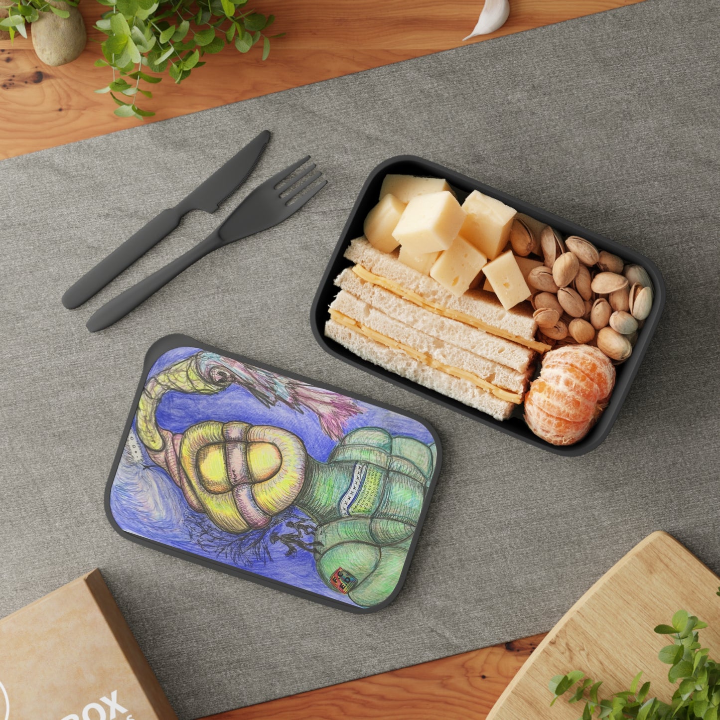 Artistic Bento Box with Utensils - Eco-Friendly Lunch Container